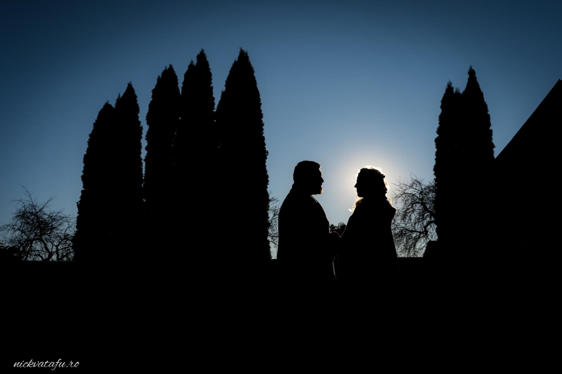 Mire și mireasă în siluetă, emoții profunde sub soarele apus, fotografie de nuntă elegantă în aer liber.