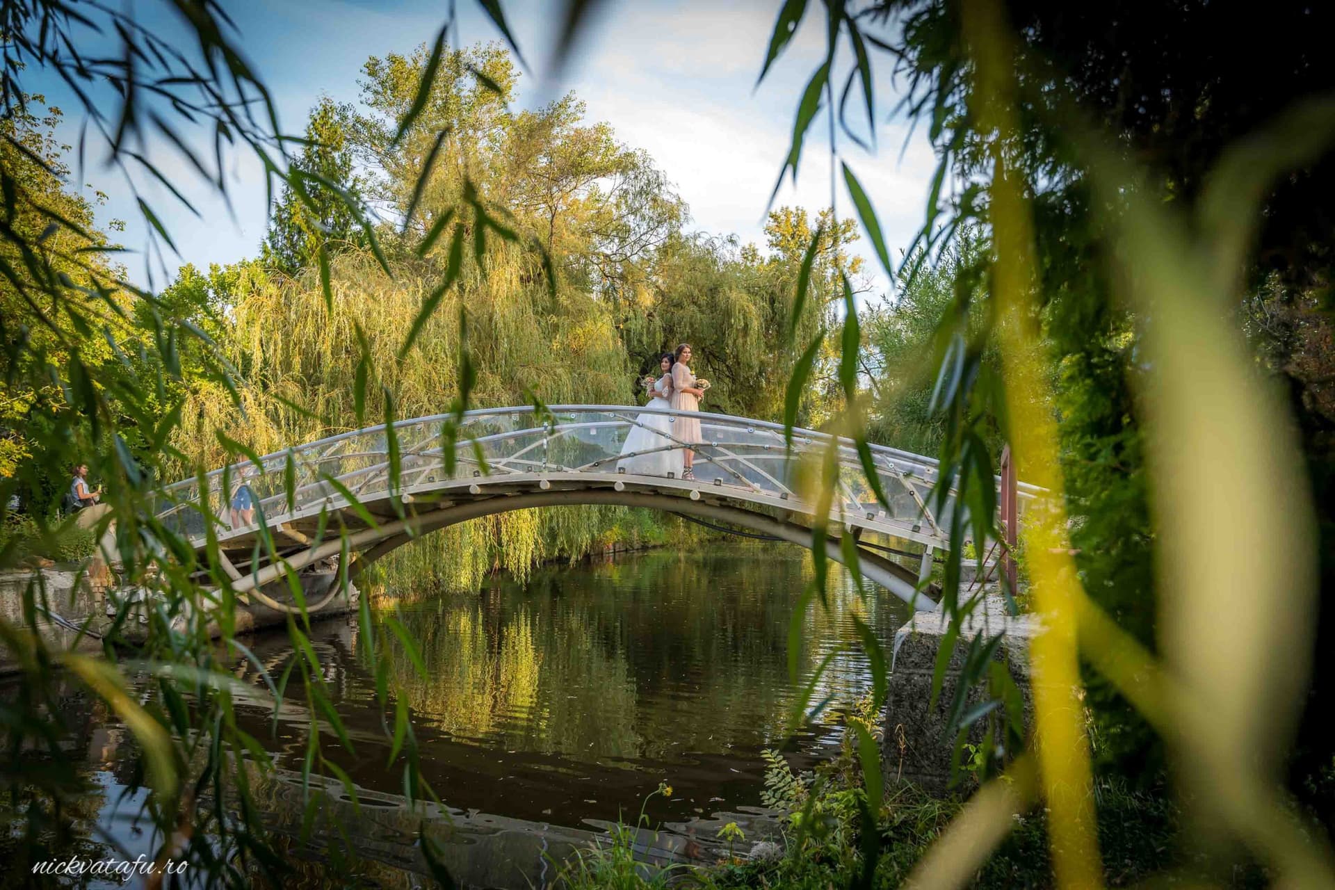 Mire și mireasă pe un pod, înconjurați de natură, fotografie de nuntă plină de emoție și romantism.